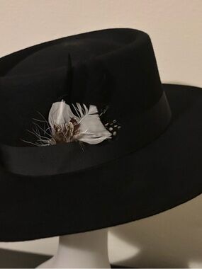 Black Wide-Brim Fedora Hat with Feather Accent